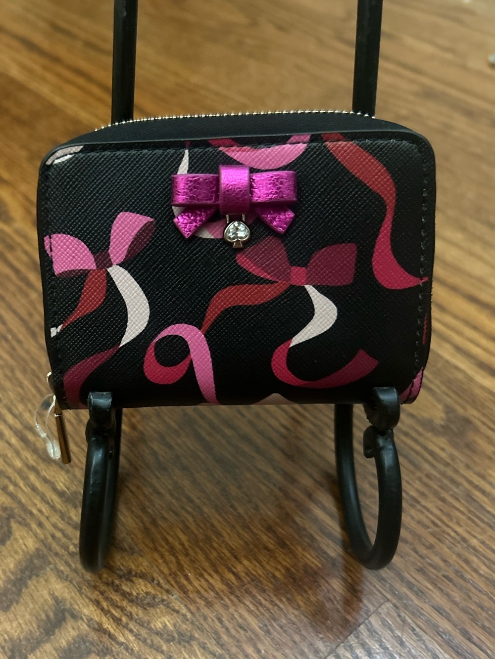 Kate Spade Wrapping Party Small Zip Wallet Black Multi Bow Print K4754